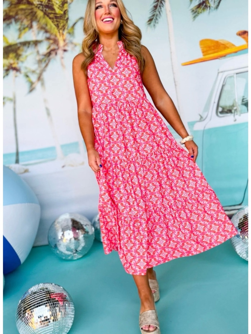 Sleeveless Pink Floral Halter Maxi Dress - Women